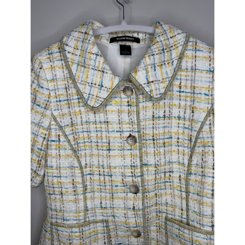 Ellen Tracy Tweed Jacket Blazer Sz 6 Plaid Yellow Blue Cottagecore Women Vintage